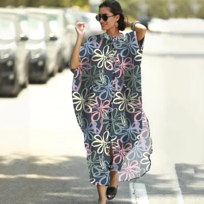 Women Casual Loose Stripe Leaf Feather Print Bikini Cover-Ups Polyester Four-Sided Bomb