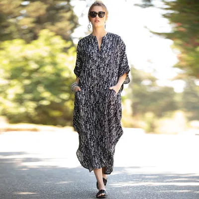 Women Casual Loose Stripe Leaf Feather Print Bikini Cover-Ups Polyester Four-Sided Bomb