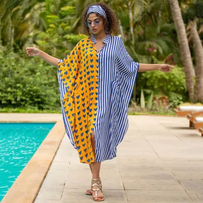 Women Casual Loose Stripe Leaf Feather Print Bikini Cover-Ups Polyester Four-Sided Bomb