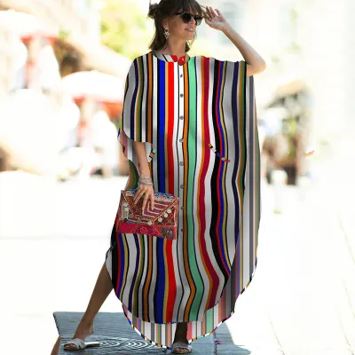 Women Casual Loose Stripe Leaf Feather Print Bikini Cover-Ups Polyester Four-Sided Bomb