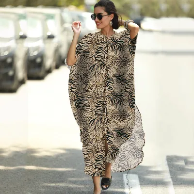 Women Casual Loose Stripe Leaf Feather Print Bikini Cover-Ups Polyester Four-Sided Bomb
