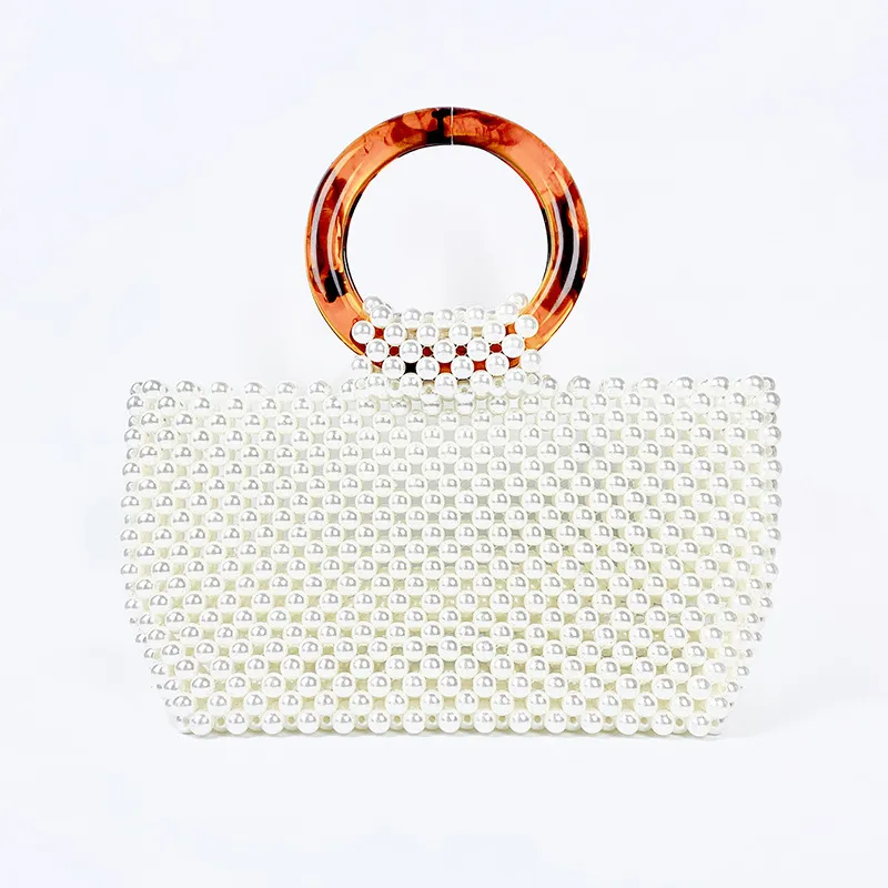 Women Fashionable Urban Simplicity Handmade Beaded Ring Handle Square Evening Bag