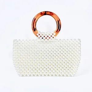 Women Fashionable Urban Simplicity Handmade Beaded Ring Handle Square Evening Bag