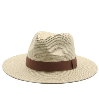 Men Simple Black Ribbon Straw Woven Sunscreen Hat Panama Sun Hat