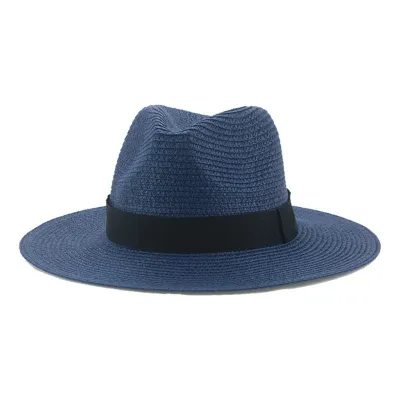 Men Simple Black Ribbon Straw Woven Sunscreen Hat Panama Sun Hat