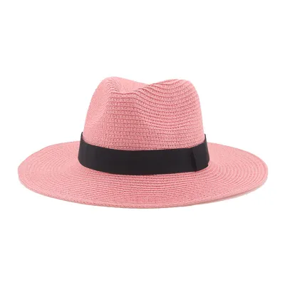 Men Simple Black Ribbon Straw Woven Sunscreen Hat Panama Sun Hat