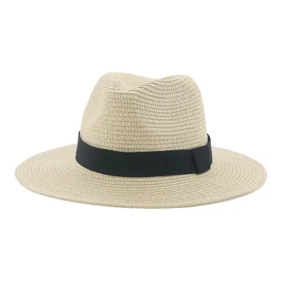 Men Simple Black Ribbon Straw Woven Sunscreen Hat Panama Sun Hat