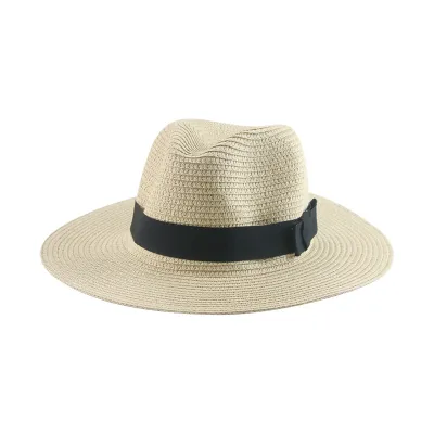 Men Simple Black Ribbon Straw Woven Sunscreen Hat Panama Sun Hat