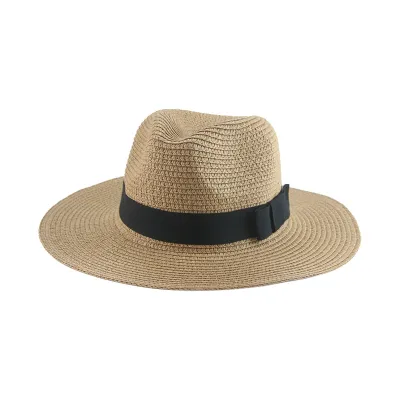 Men Simple Black Ribbon Straw Woven Sunscreen Hat Panama Sun Hat