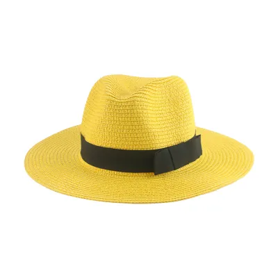 Men Simple Black Ribbon Straw Woven Sunscreen Hat Panama Sun Hat