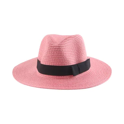 Men Simple Black Ribbon Straw Woven Sunscreen Hat Panama Sun Hat