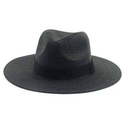 Men Simple Black Ribbon Straw Woven Sunscreen Hat Panama Sun Hat