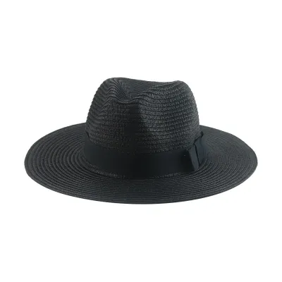 Men Simple Black Ribbon Straw Woven Sunscreen Hat Panama Sun Hat