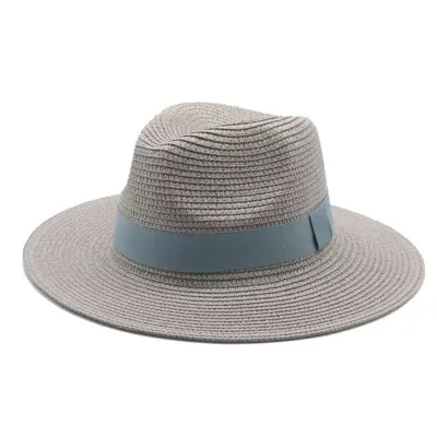Men Simple Black Ribbon Straw Woven Sunscreen Hat Panama Sun Hat