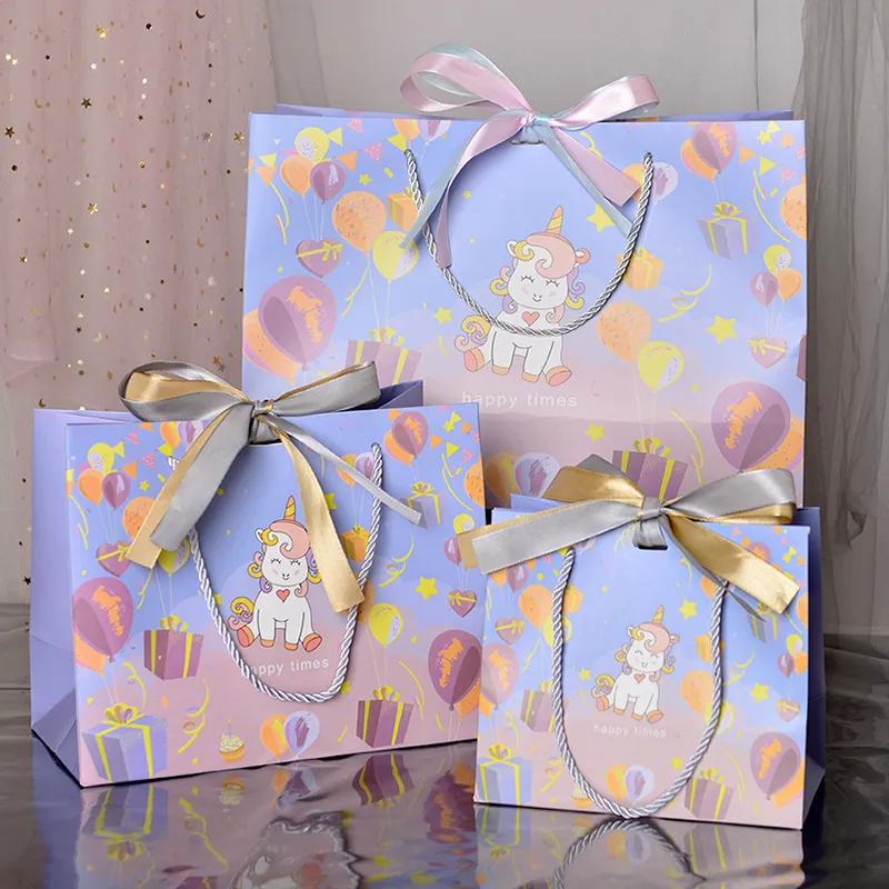 Cute Unicorn Printing Bow Ribbon Gift Wrapping Paper Shopping Bag Tote