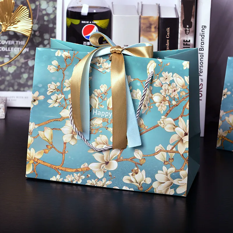 Simple Floral Printing Bow Ribbon Gift Wrapping Paper Shopping Bag