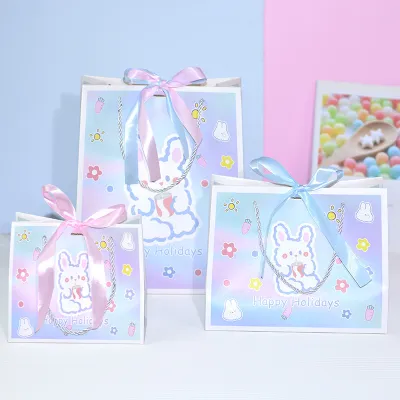 Cartoon Cute Rabbit Print Bow Ribbon Gift Wrapping Paper Shopping Bags