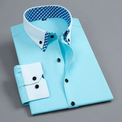 Double Color Collar Men Long-Sleeved Casual Plain Shirt Custom