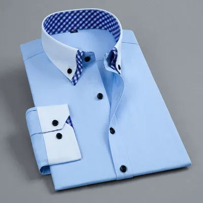 Double Color Collar Men Long-Sleeved Casual Plain Shirt Custom