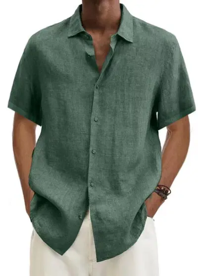 Men Fashion Casual Solid Color Plus Size Short Sleeve Lapel Hemp Blend Shirt