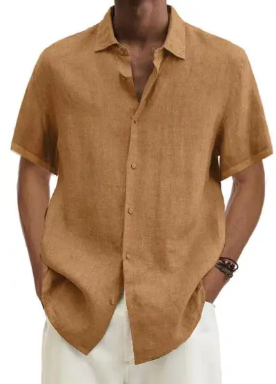 Men Fashion Casual Solid Color Plus Size Short Sleeve Lapel Hemp Blend Shirt