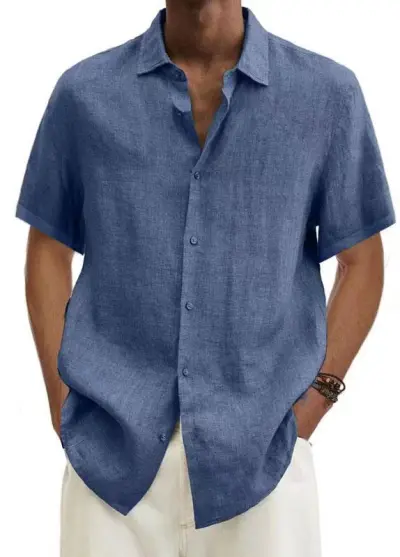 Men Fashion Casual Solid Color Plus Size Short Sleeve Lapel Hemp Blend Shirt