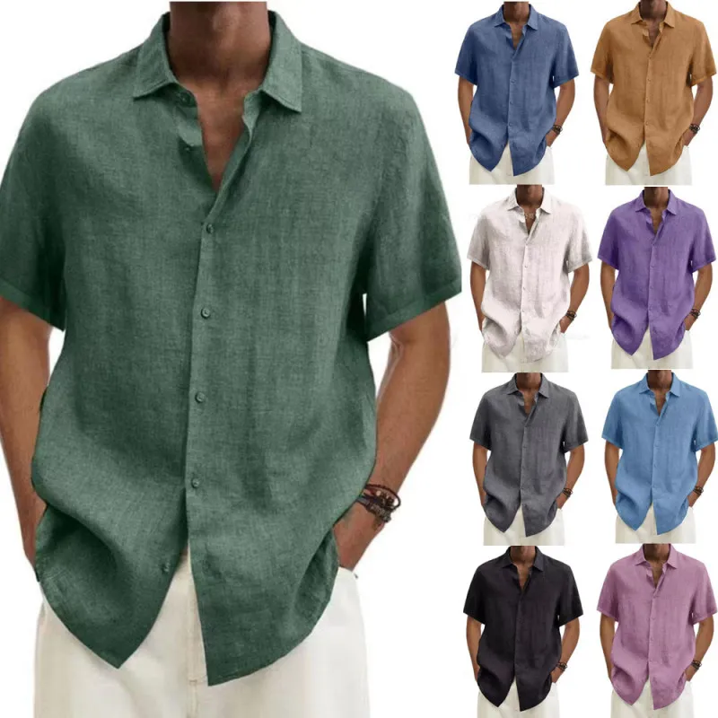Men Fashion Casual Solid Color Plus Size Short Sleeve Lapel Hemp Blend Shirt