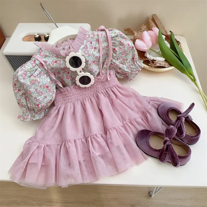Kids Toddler Girls Casual Cute Tiny Flower Puff Sleeve Shirt Mesh Cami Dress Set