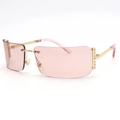 Rhinestone-Encrusted Frameless Y2K Fashion Square Sunglasses PC Lens Commuter