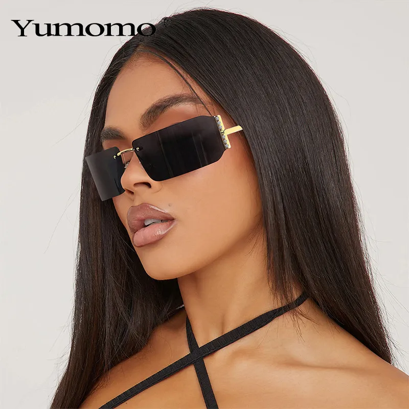 Rhinestone-Encrusted Frameless Y2K Fashion Square Sunglasses PC Lens Commuter