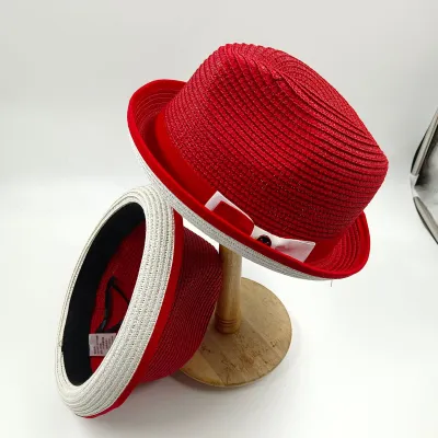 Men Fashion Straw Woven Bow Wide Brim Fedora Hat