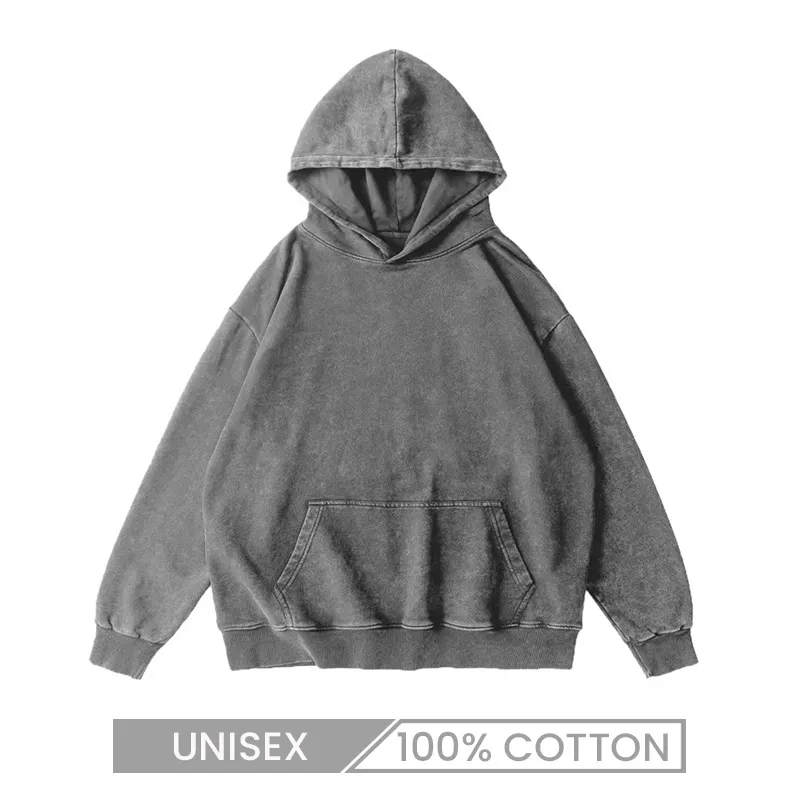 Unisex Custom Logo 350g Heavy Cotton Washed Vintage Solid Color Pullover Hoodie