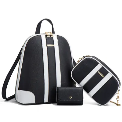 Women Fashion Simple Color Block Zipper Backpack Wallet Three-Piece Set
