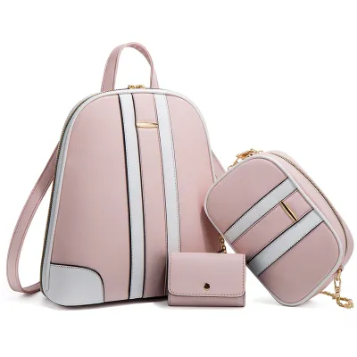 Women Fashion Simple Color Block Zipper Backpack Wallet Three-Piece Set