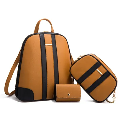 Women Fashion Simple Color Block Zipper Backpack Wallet Three-Piece Set