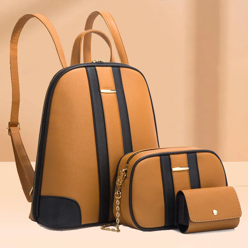 Women Fashion Simple Color Block Zipper Backpack Wallet Three-Piece Set
