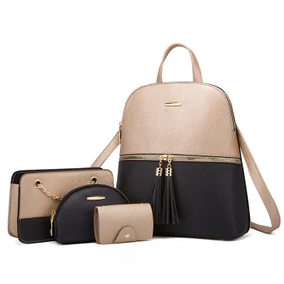 Women Fashion Color Block Tassel Zipper Backpack Wallet Four-Piece Set