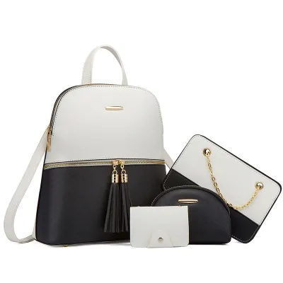 Women Fashion Color Block Tassel Zipper Backpack Wallet Four-Piece Set