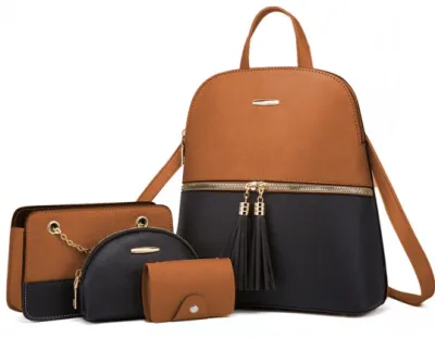 Women Fashion Color Block Tassel Zipper Backpack Wallet Four-Piece Set
