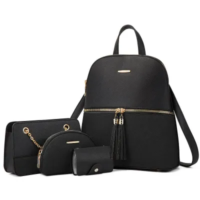 Women Fashion Color Block Tassel Zipper Backpack Wallet Four-Piece Set