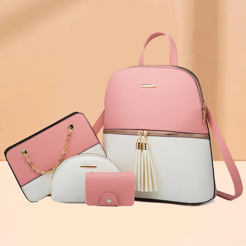 Women Fashion Color Block Tassel Zipper Backpack Wallet Four-Piece Set