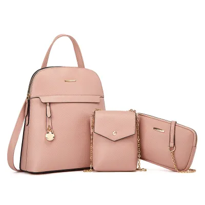Women Simple Solid Color Large Capacity PU Backpack Chain Crossbody Bag Three-Piece Set