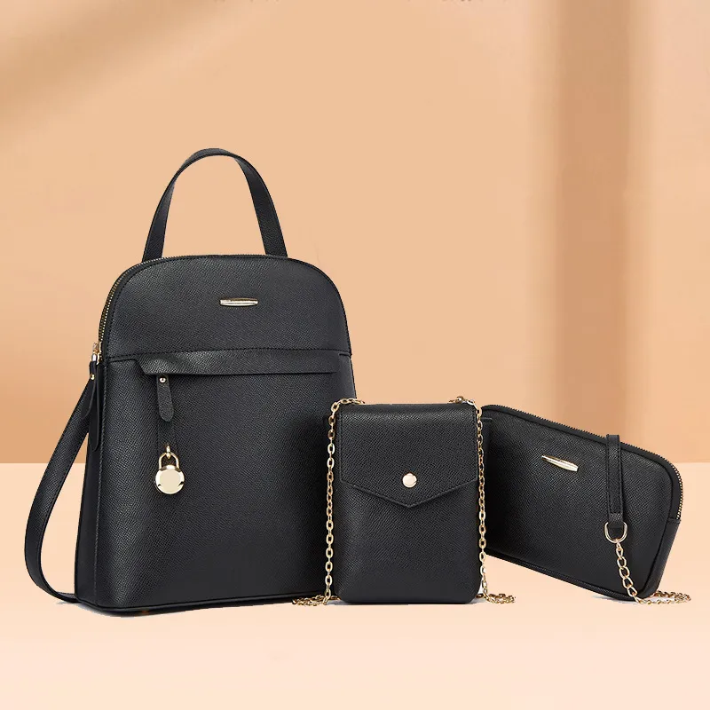 Women Simple Solid Color Large Capacity PU Backpack Chain Crossbody Bag Three-Piece Set