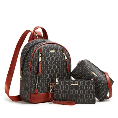 Women Fashion Printed Large Capacity Zipper Backpack Set PU Three-Piece
