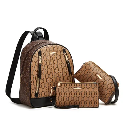 Women Fashion Printed Large Capacity Zipper Backpack Set PU Three-Piece