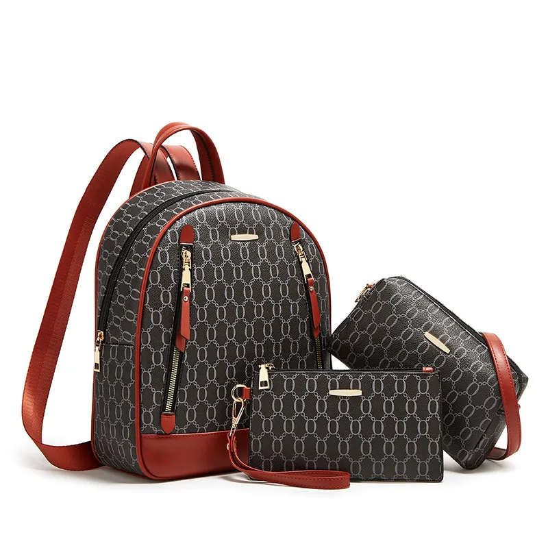 Women Fashion Printed Large Capacity Zipper Backpack Set PU Three-Piece