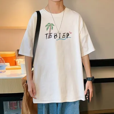 Camiseta de cuello redondo de manga corta con estampado de dibujos animados y letras informales de verano para hombre