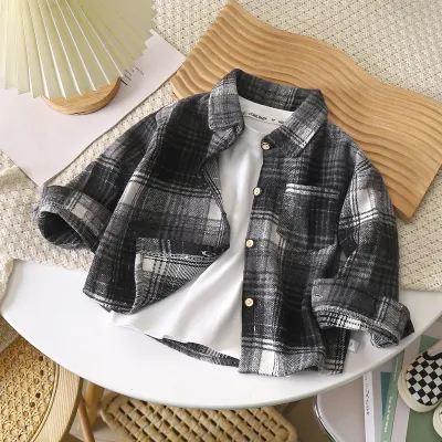 Kids Toddler Boys Girls Spring Autumn Casual Vintage Plaid Print Long Sleeve Lapel Shirt