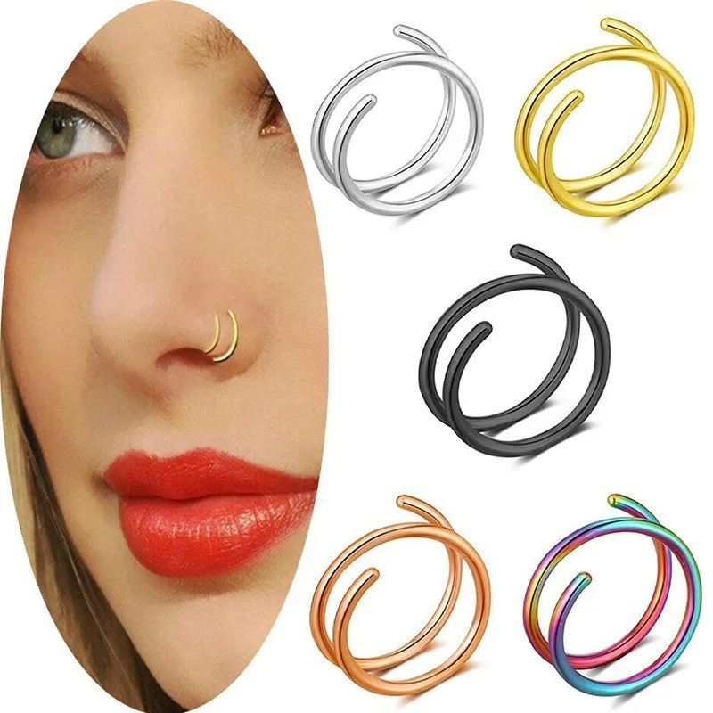Women's Stainless Steel Double Circle Spiral Nose Ring Body Piercing Jewelry