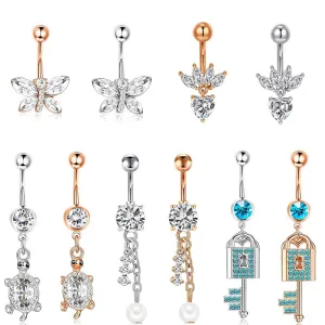 Women Fashion Stainless Steel Butterfly Heart Rhinestone Navel Ring Body Piercing Jewelry